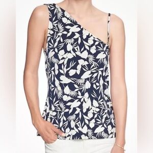 Banana Republic Women Size M Floral Print Matte Jersey One Shoulder Top Navy